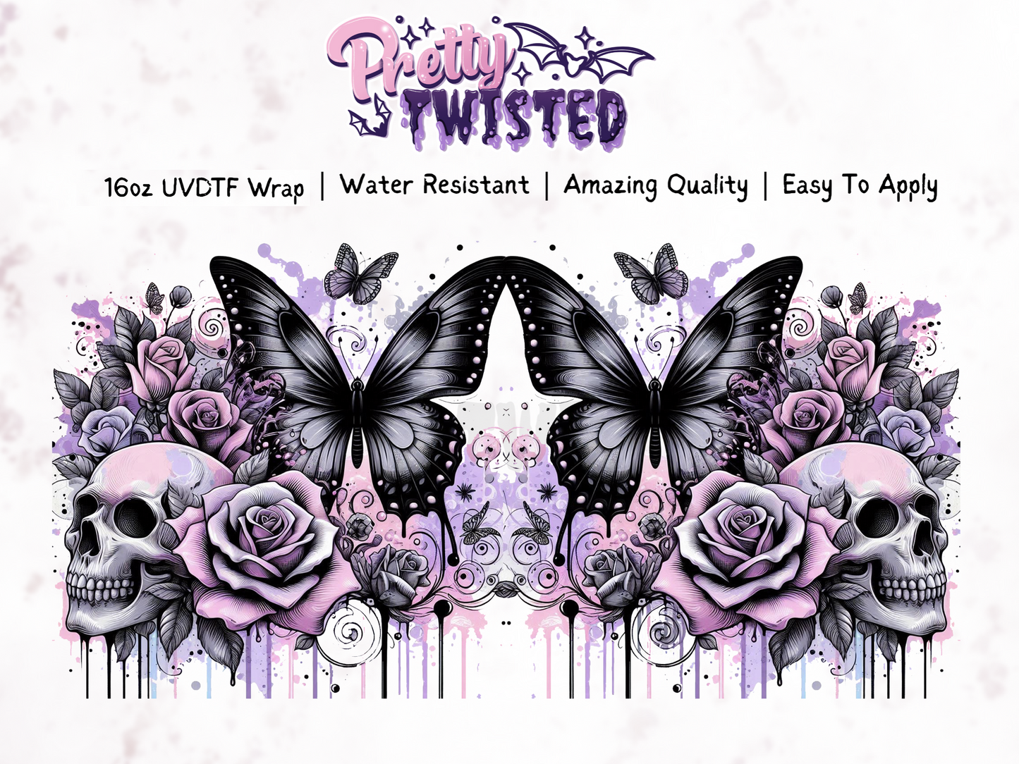 UV DTF | PURPLE & BLACK BUTTERFLY SKULL 16oz Libbey Wrap