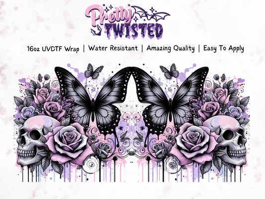 UV DTF | PURPLE & BLACK BUTTERFLY SKULL 16oz Libbey Wrap