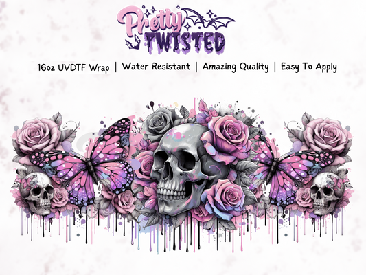 UV DTF | PINK BUTTERFLY SKULL 16oz Libbey Wrap